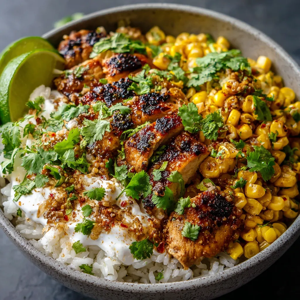 A delicious Street Corn Chicken Rice Bowl, featuring grilled chicken, roasted corn, and flavorful rice in a vibrant and appetizing dish.