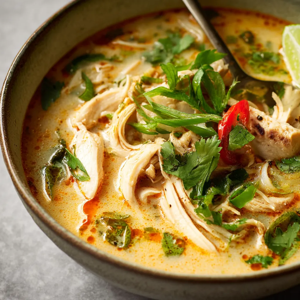 Savory Thai Chicken Soup with tender chicken, fragrant herbs, and aromatic spices.
