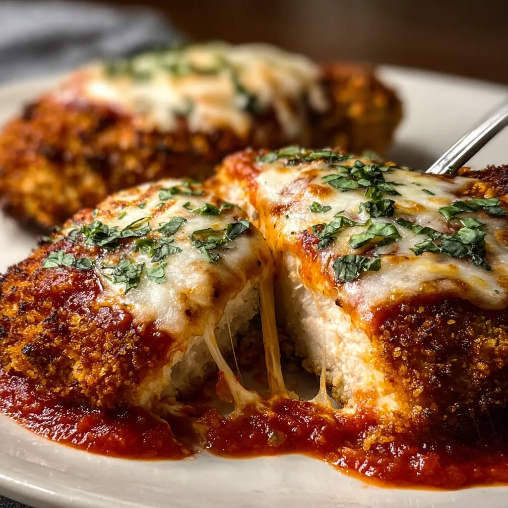 Delectable chicken parmesan dish with melted cheese and tomato sauce.