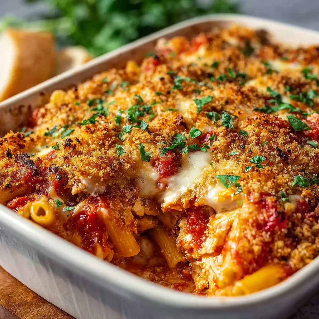 Delicious chicken parmesan dish, featuring breaded and fried chicken topped with tomato sauce and melted cheese.
