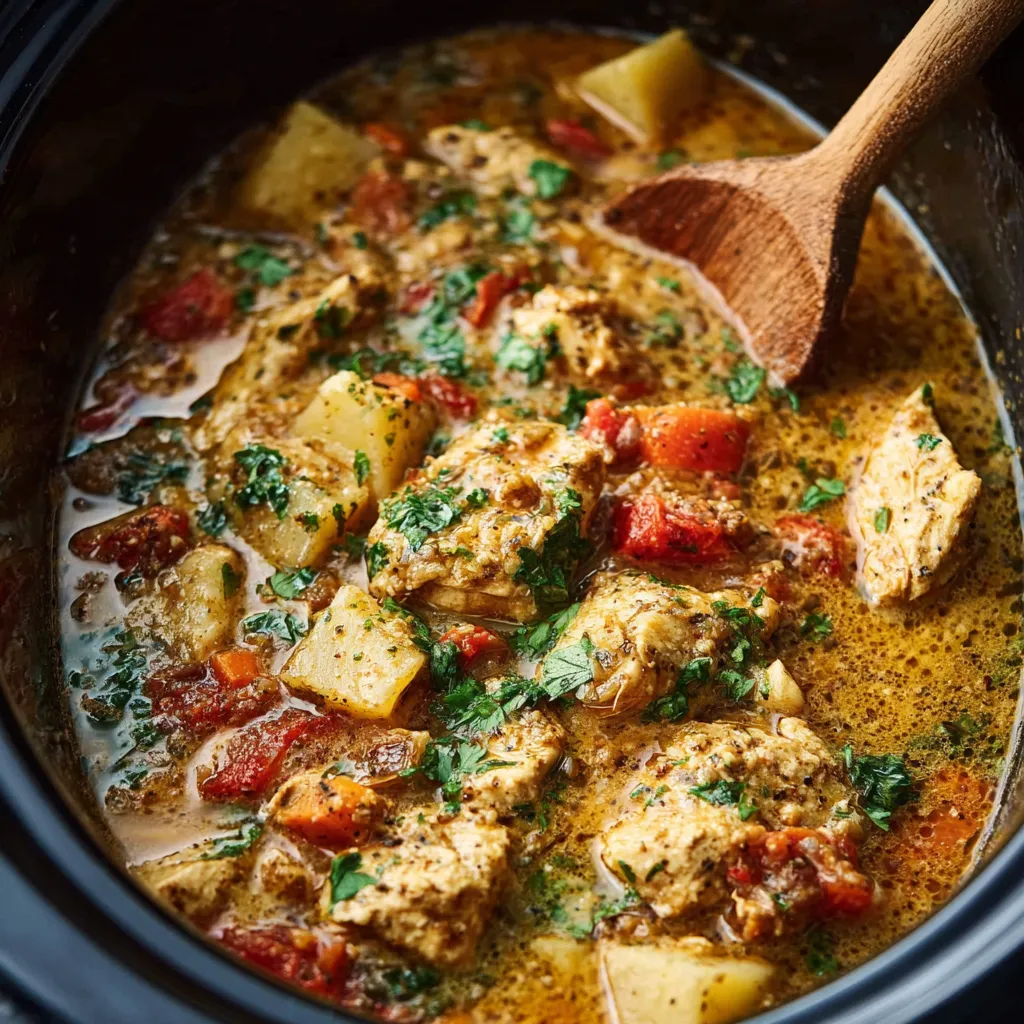 Crockpot Chicken simmering in a slow cooker, ready to be served.