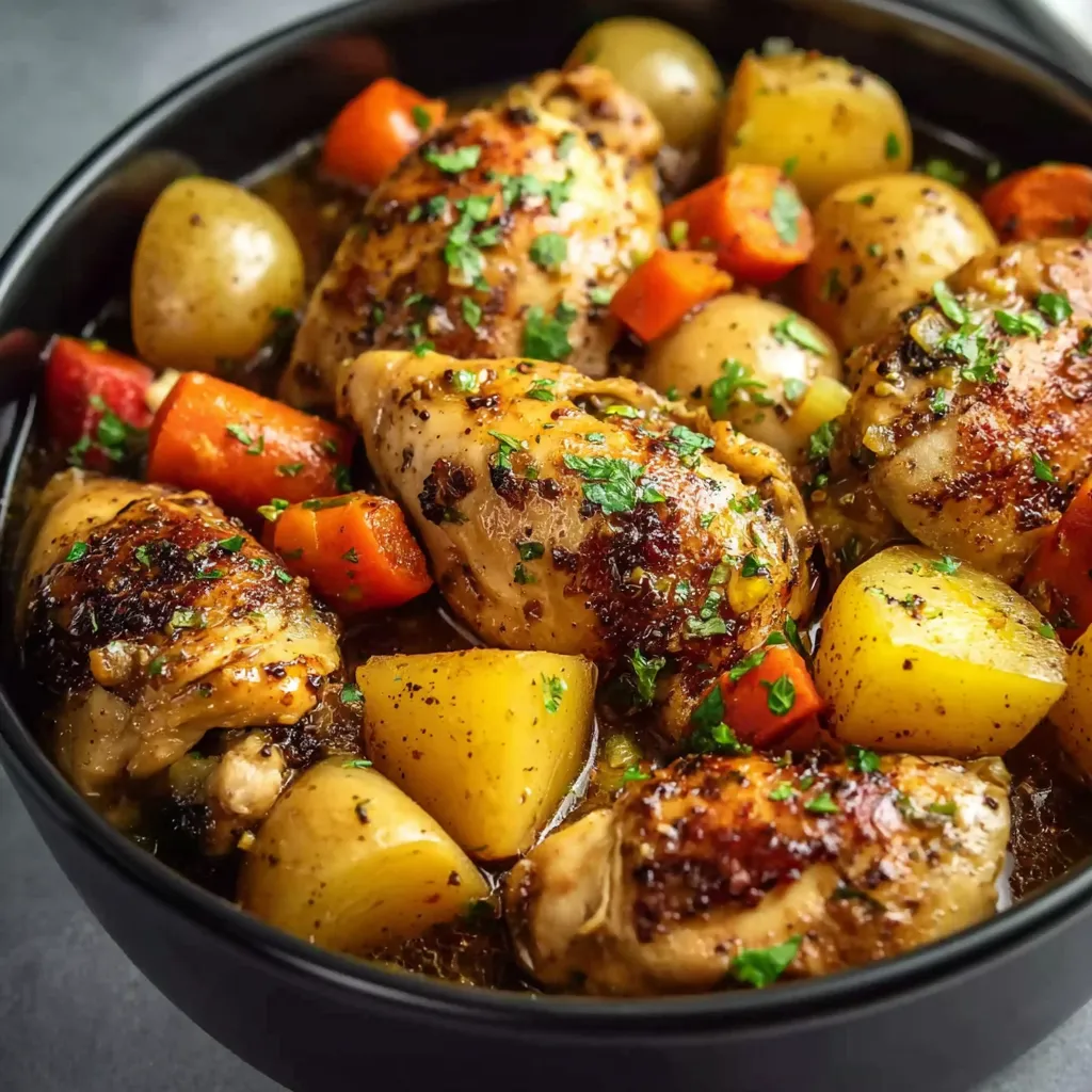 A delectable homemade Chicken Pot Roast dish, featuring tender chicken, vegetables, and a savory sauce.
