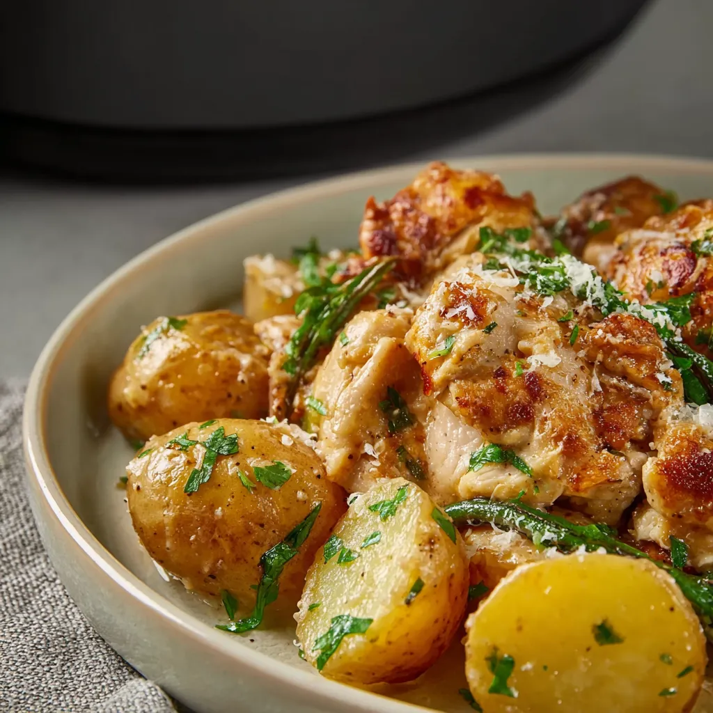 Slow Cooker Parmesan Garlic Chicken dish with tender chicken, melted cheese, and aromatic garlic.