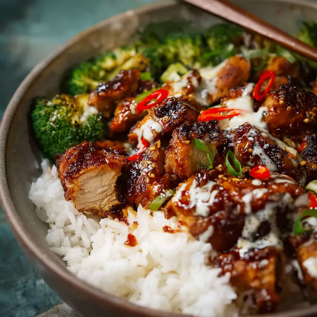 Delicious Sticky Chicken Rice Bowls with fresh vegetables and herbs.